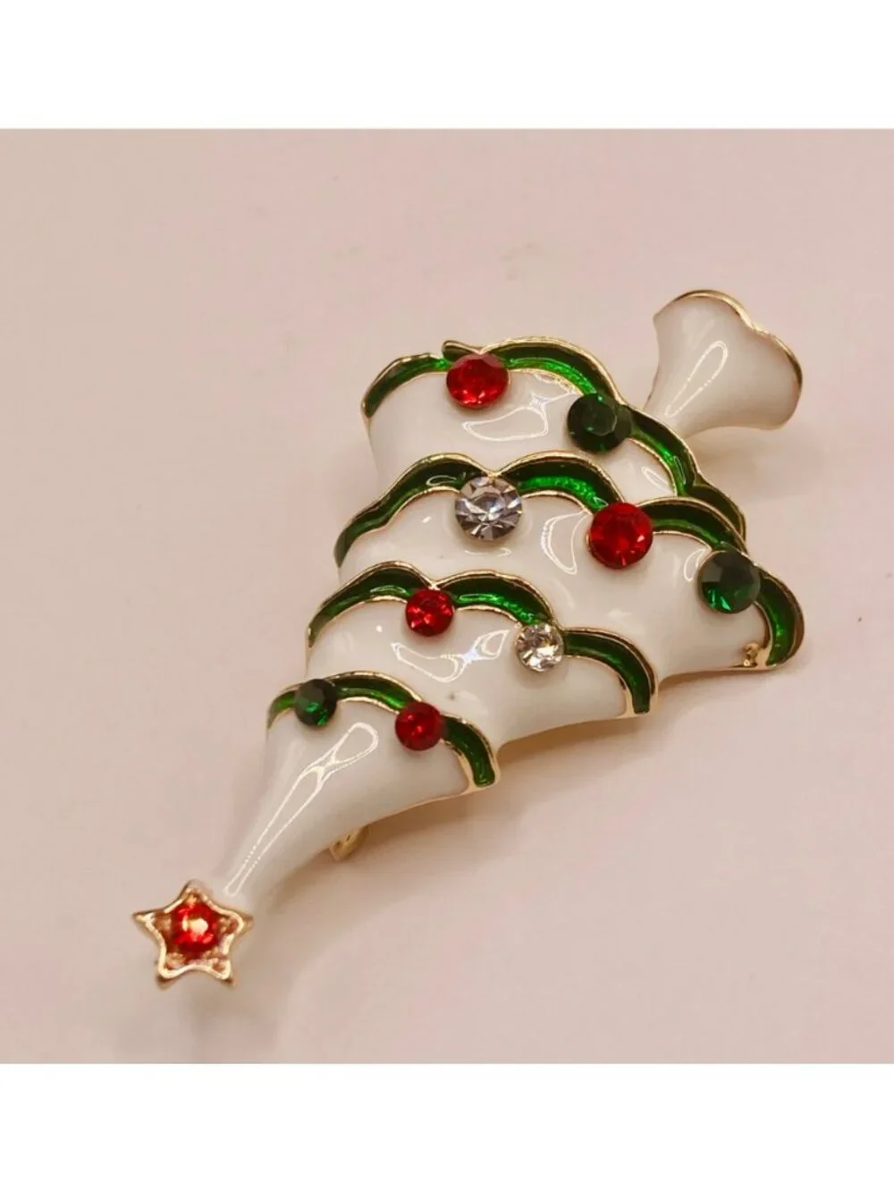 Christmas Holiday Tree Brooch Pin White Enamel Rhinestones Gold-Tone -103B